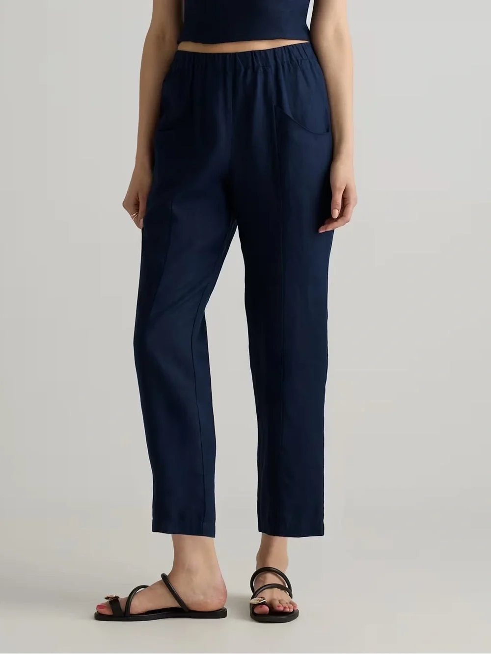 Quince Deep Navy European Linen Tapered Ankle Pants